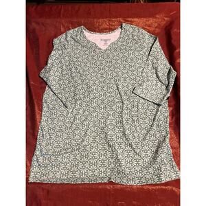 Roamans Top Womens L V Neck 3/4 Sleeve Green White Floral Tunic Pullover Soft